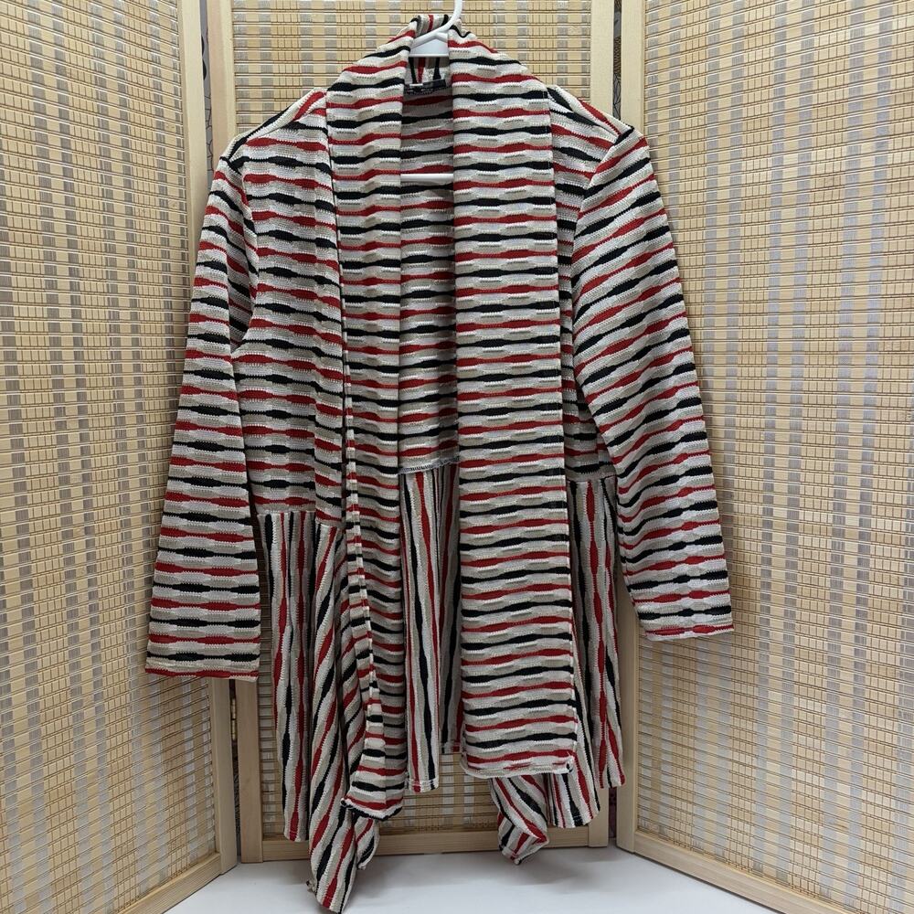 Jones Studio Open Cardigan Women's Large Textured Striped Pattern Red Black